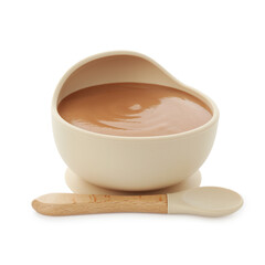 Tasty baby food in bowl and spoon isolated on white
