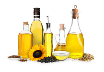Vegetable fats. Set of different oils and ingredients isolated on white