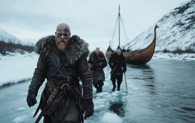 Naklejka premium Northern valor: Viking warrior, emblem of the Scandinavian spirit, thriving in cold-climate realms, epitomizing resilience and bravery, carving a legacy of strength and tradition in a frozen world.