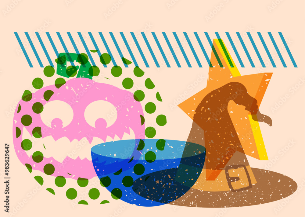 Poster risograph halloween pumpkin and witch's hat with geometric shapes. objects in trendy riso graph prin