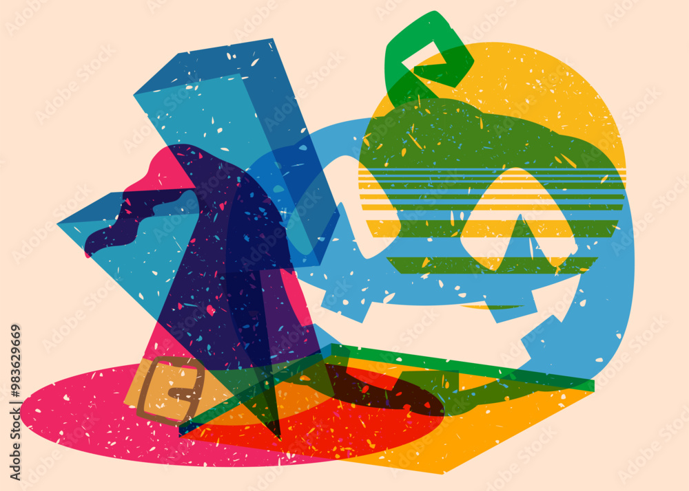 Poster risograph halloween pumpkin and witch's hat with geometric shapes. objects in trendy riso graph prin
