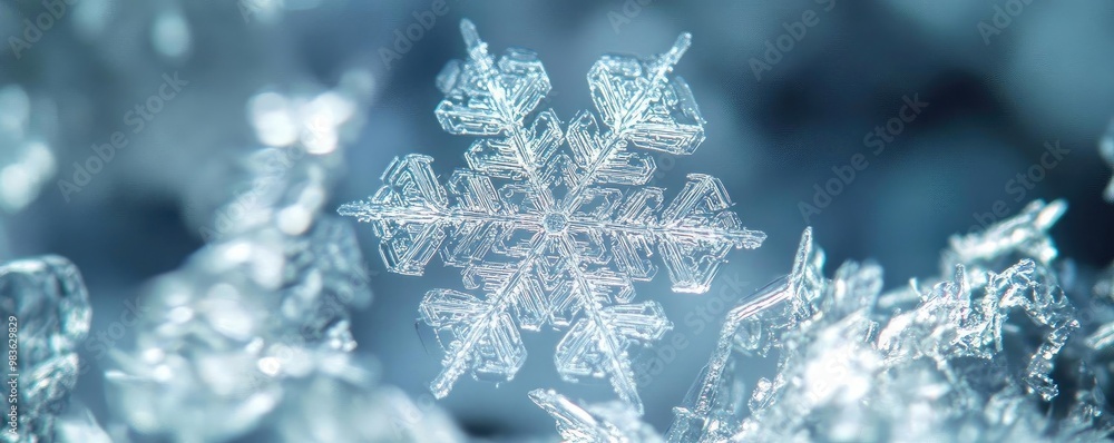 Poster a stunning close-up of a delicate snowflake glistening on ice, showcasing intricate patterns and shi