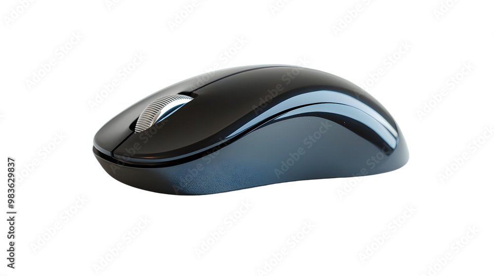 Poster sleek black computer mouse on white isolated background, showcasing modern design and functionality.