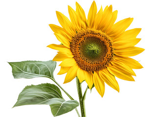Obraz premium Bright sunflower with green leaves, isolated on a white background.