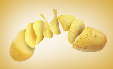 Raw potato turning into tasty crispy chips in air on yellow gradient background