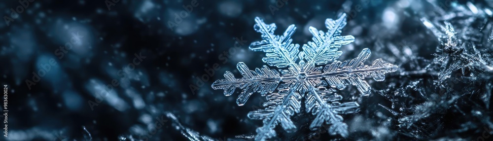 Poster close-up of a crystal snowflake against a dark background, showcasing its unique and delicate struct