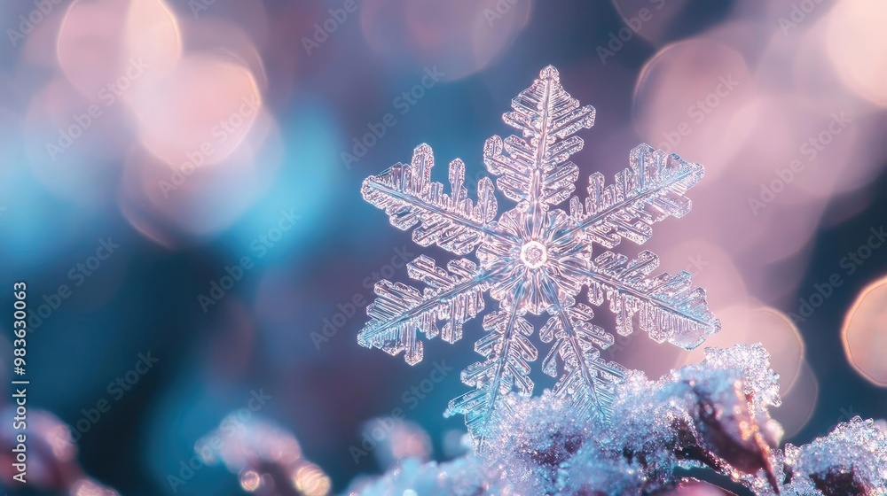 Poster a delicate snowflake resting on sparkling snow, reflecting soft winter light in a tranquil and encha
