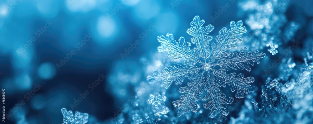 Poster close-up of a delicate snowflake against a soft blue background, showcasing intricate patterns and n