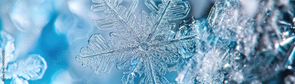 Poster close-up of a delicate snowflake, showcasing intricate patterns and textures against a soft blue bac