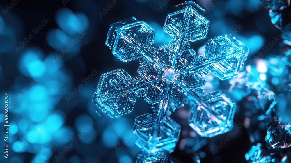 Aufkleber close-up of a sparkling snowflake with intricate patterns on a blue background, showcasing the beaut