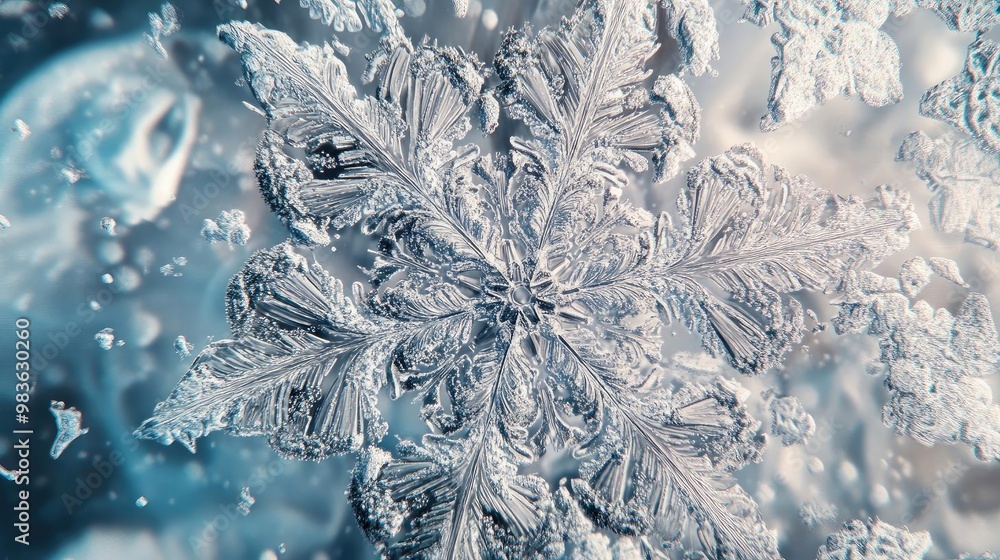 Aufkleber a stunning close-up of a unique snowflake, showcasing intricate patterns and delicate frost on a blu