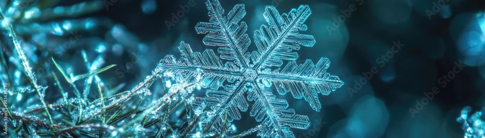 Poster a close-up of a delicate snowflake with intricate patterns, glistening in a frosty environment, capt