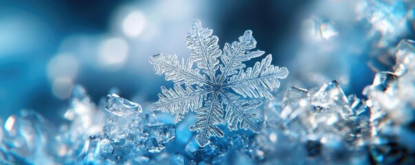 A beautiful snowflake resting on icy surface, showcasing intricate patterns against a cool blue background.