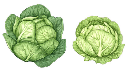 Fototapeta premium Two fresh cabbages with vibrant green leaves, isolated on a white background.