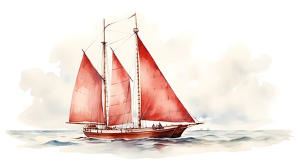 A sailing ship with red sails gliding over calm waters.