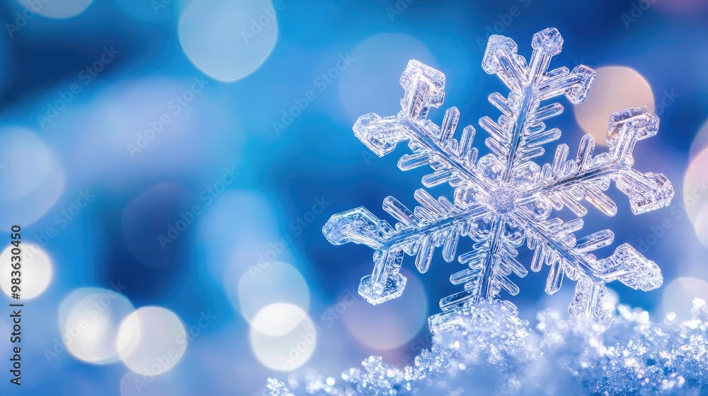 Poster a delicate snowflake rests on a shimmering surface, surrounded by soft blue bokeh, capturing the bea