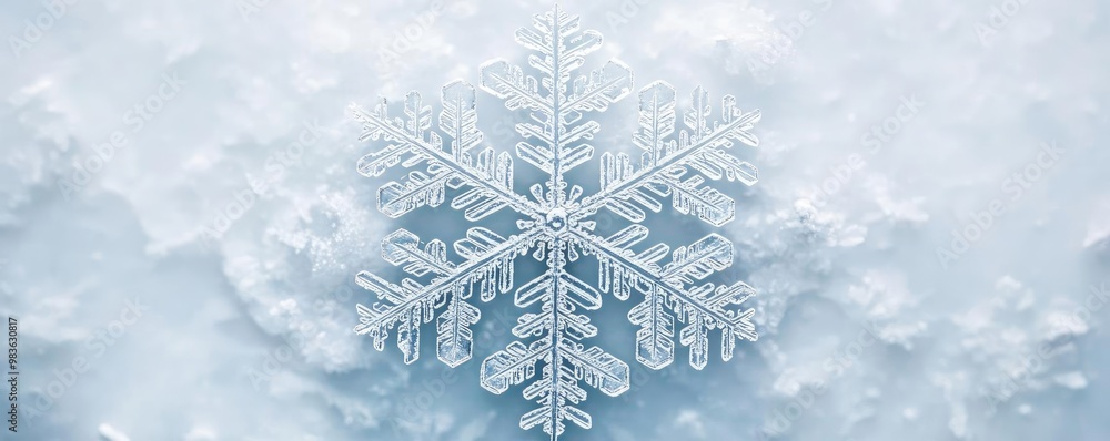 Poster delicate snowflake resting on soft snow, showcasing intricate crystal patterns and a serene winter a