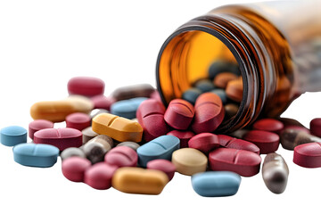 Colorful pills spilled from a brown bottle on a white background.