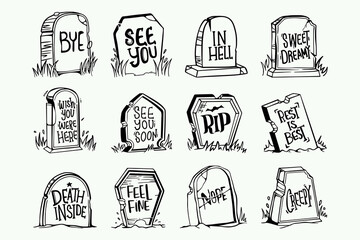 Set of Tombstones Stock Illustration. Halloween Grave Stone with Message. Rip tomb grave stone sketch icon