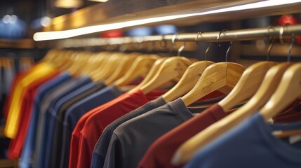 Fototapeta premium Closeup of Colorful Shirts on Wooden Hangers