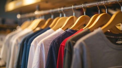 Obraz premium Clothes on Wooden Hangers in a Store