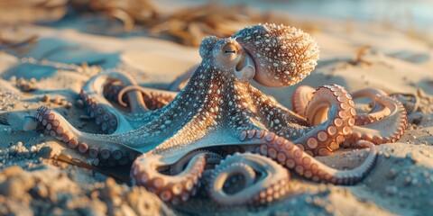Naklejka premium Small octopus hiding in sandy environment using camouflage