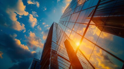 Modern High-Rise Office Building with Reflective Glass at Sunset, Capturing Urban Skyline and Dynamic Clouds.