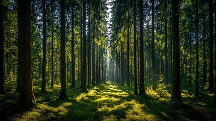 Naklejka premium Sunlight streams through the dense canopy of a lush green forest, illuminating a path through the trees.