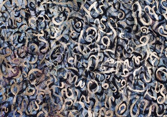 An abstract composition featuring swirling shapes and lines in a blend of colors.