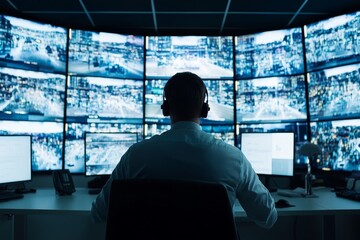 Photo of a security guard sitting in front of multiple monitors, displaying live footage from the building's cameras and their control center for monitoring.