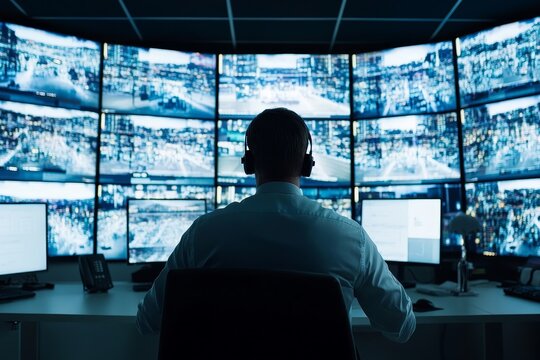 Photo of a security guard sitting in front of multiple monitors, displaying live footage from the building's cameras and their control center for monitoring.