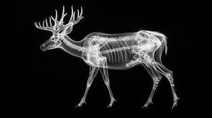 A black and white x-ray of a buck with antlers, all body part showing intricate details of bones and structure