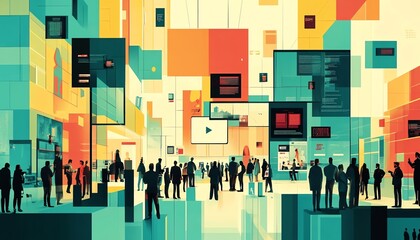 Bright and modern image of adults engaged in online learning or virtual classes, featuring digital platforms and collaborative tools, clean design