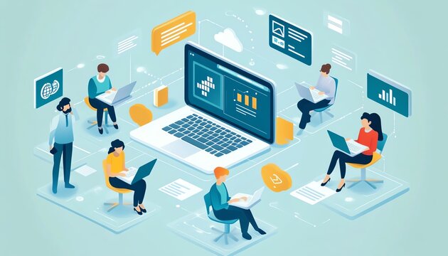 Bright and modern image of adults engaged in online learning or virtual classes, featuring digital platforms and collaborative tools, clean design