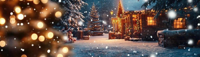 Obraz premium Cozy winter scene with snow-covered cabin and twinkling lights, creating a warm holiday atmosphere in a snowy landscape.
