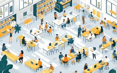 Dynamic depiction of a professional learning environment with diverse individuals engaged in lifelong education, clean and vibrant design