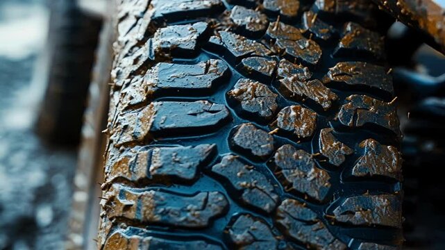 Tire treads caked in mud after off road drive, showcasing strength and grip in challenging terrain, with brown and black hues contrasting blue sky