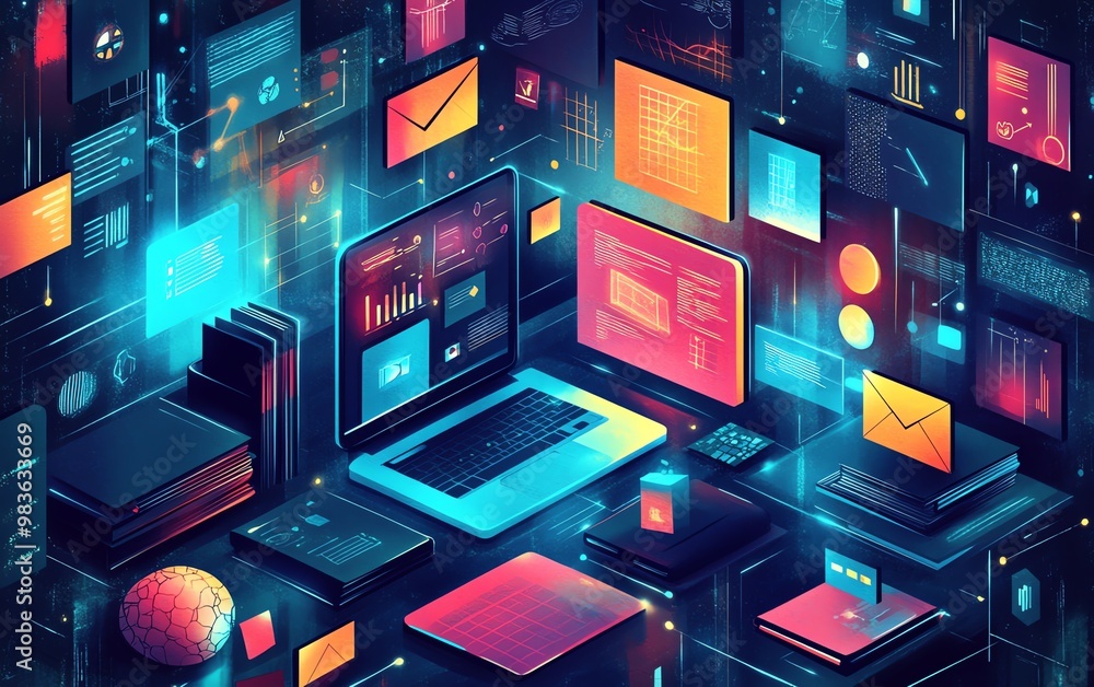 Poster dynamic depiction of various educational tools in use, including laptops, interactive projectors, an