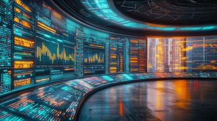 A futuristic financial hub with giant glowing holographic graphs forecasting severe recession