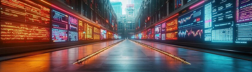 Fototapeta premium Massive digital display in a futuristic financial district showing plummeting economic forecasts