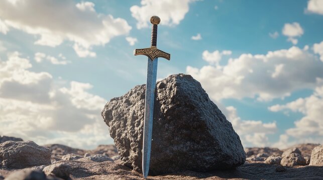 Legendary excalibur  the mythical sword embedded in a rock, symbolizing power and destiny