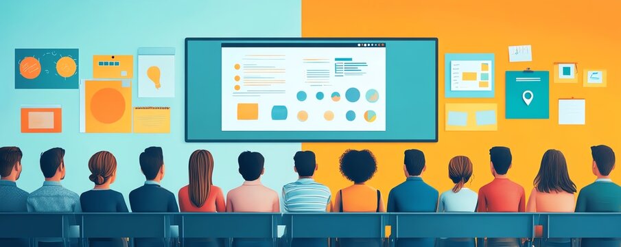 Dynamic depiction of adults in a modern classroom with interactive whiteboards and digital resources, clean and vibrant design