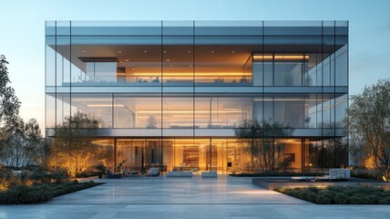 Modern glass building with illuminated interiors and landscaped surroundings.