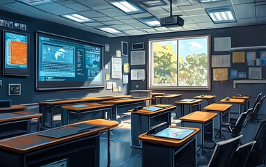 Naklejka premium Illustration of a classroom with advanced educational tools, including digital displays and interactive resources, clean and dynamic design
