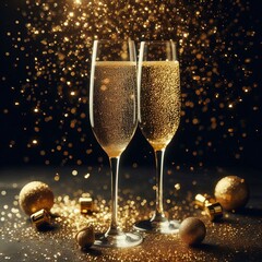 Two glasses of champagne with bubbles and a festive background of fireworks for a celebration during New Year's Eve or a holiday party