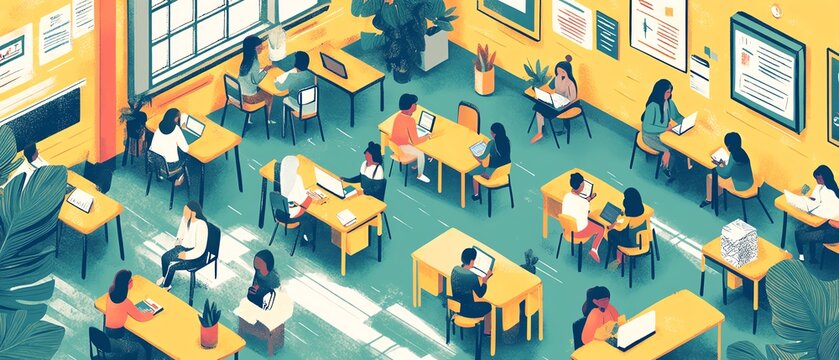 Illustration of adults engaged in a modern classroom setting with interactive digital tools, diverse learners, and a vibrant, engaging environment