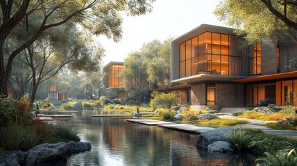Modern homes by a serene waterway surrounded by lush greenery.