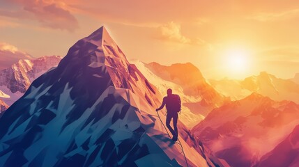 Silhouette of Climber Reaching Mountain Peak at Sunset