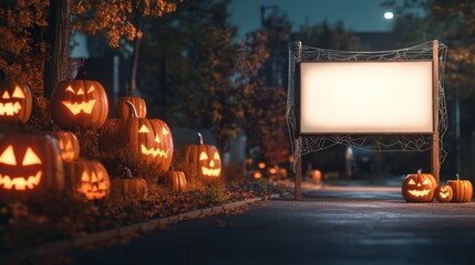 Spooky Halloween Billboard in Suburban Neighborhood with Pumpkins and Spider Webs