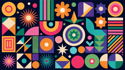 A colourful abstract geometric pattern icon with a black background
